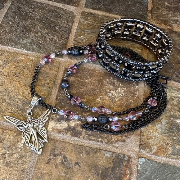 NEW - Handmade Necklace & Vintage Rhinestone Bracelet - Black, Lilac & Silver - Picture 2 of 9